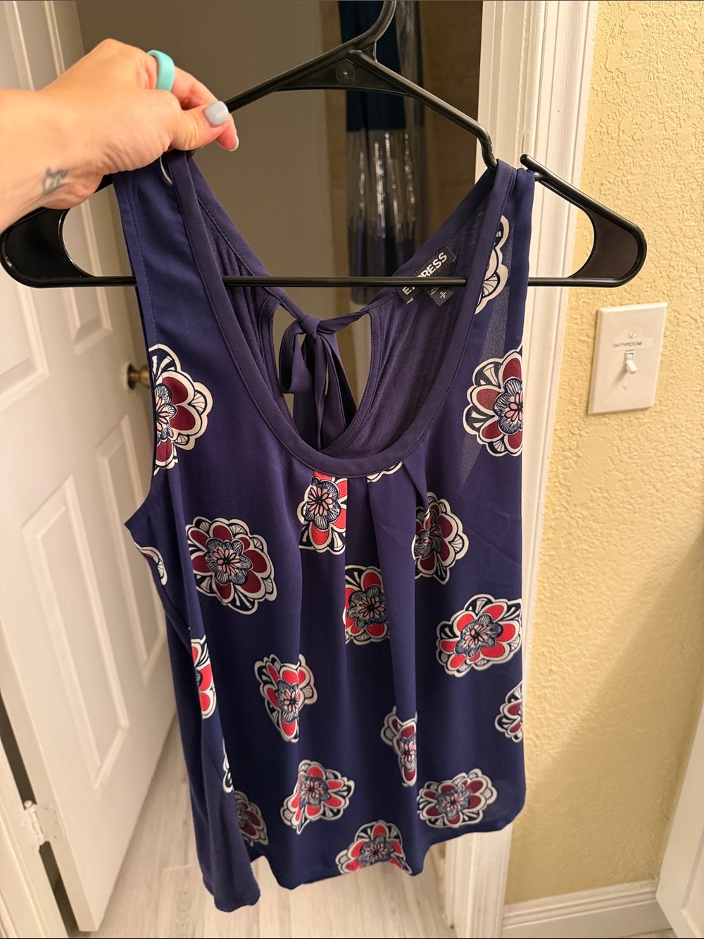 Express Navy Floral Tie-Back Tank with Red & White Accents